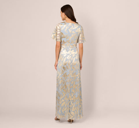 Foil Leaf Short Sleeve Gown With Draped Details In Light Blue Gold