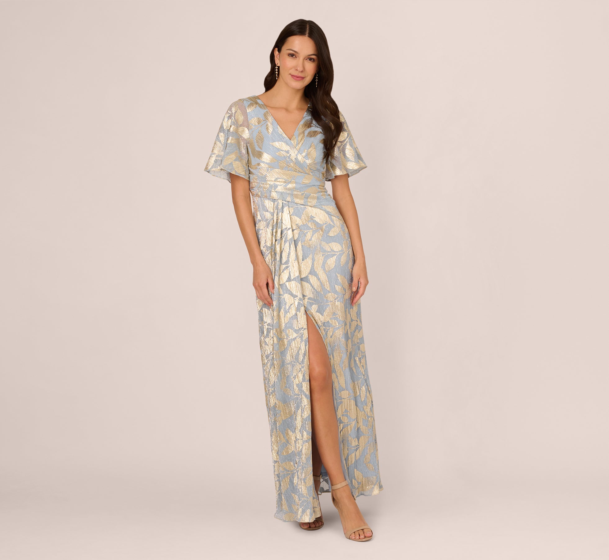 Foil Leaf Short Sleeve Gown With Draped Details In Light Blue Gold 1