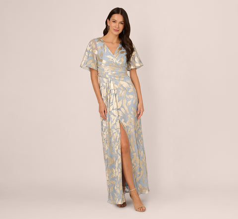 Foil Leaf Short Sleeve Gown With Draped Details In Light Blue Gold