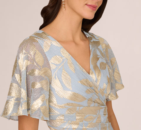 Foil Leaf Short Sleeve Gown With Draped Details In Light Blue Gold