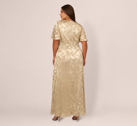 Plus Size Foil Leaf Short Sleeve Gown With Draped Details In Champagne Gold