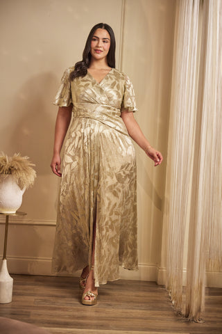 Plus Size Foil Leaf Short Sleeve Gown With Draped Details In Champagne Gold