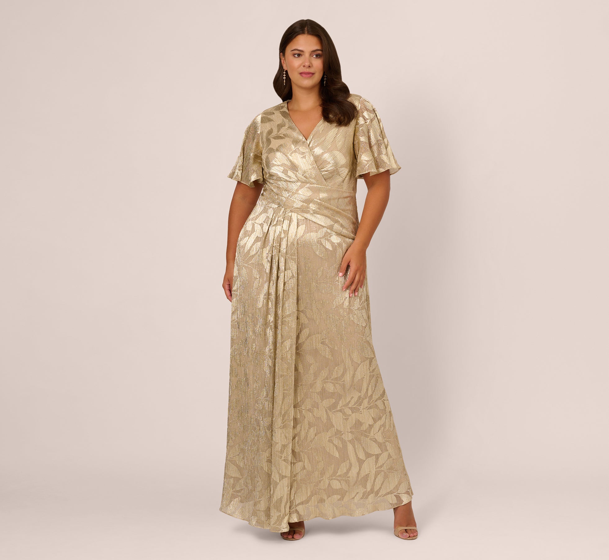 Plus Size Foil Leaf Short Sleeve Gown With Draped Details In Champagne Gold 1