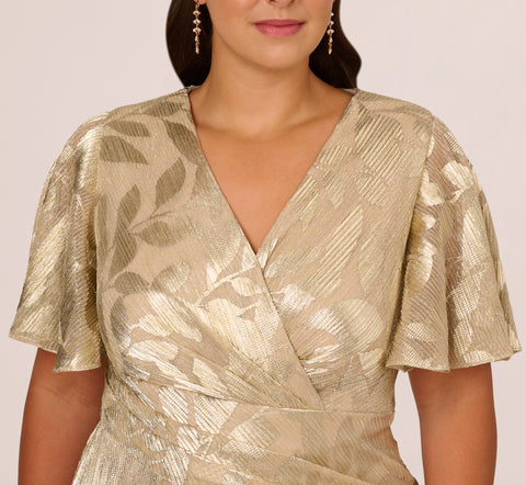 Plus Size Foil Leaf Short Sleeve Gown With Draped Details In Champagne Gold