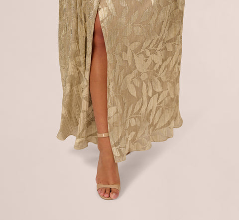 Plus Size Foil Leaf Short Sleeve Gown With Draped Details In Champagne Gold