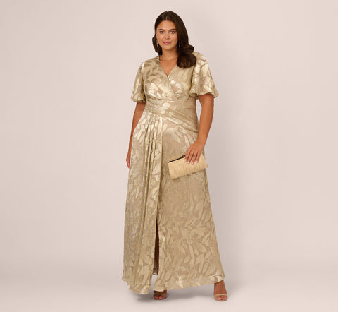 Plus Size Foil Leaf Short Sleeve Gown With Draped Details In Champagne Gold