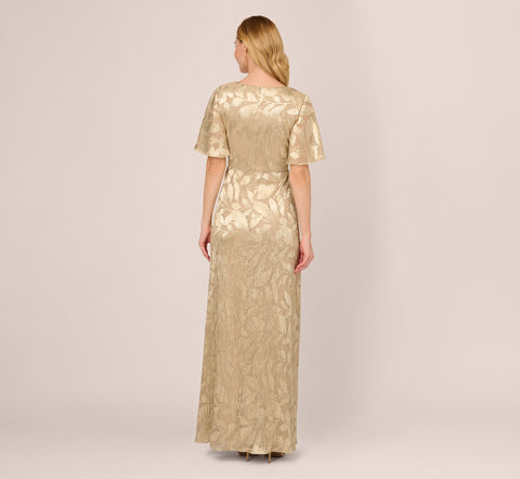 Foil Leaf Short Sleeve Gown With Draped Details In Champagne Gold