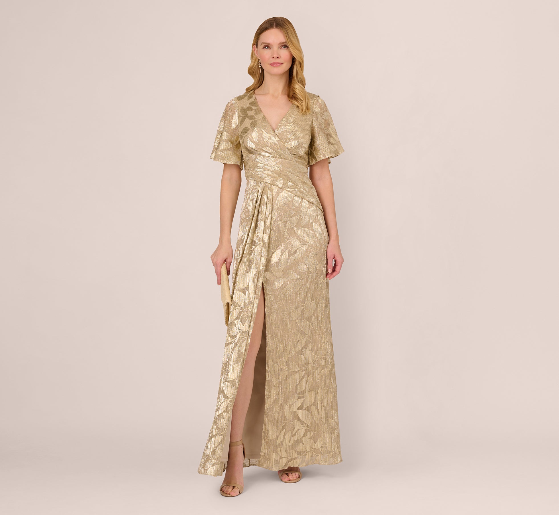 Foil Leaf Short Sleeve Gown With Draped Details In Champagne Gold