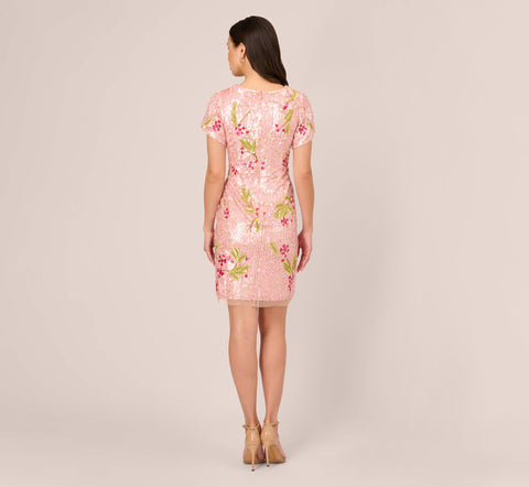 Floral Sequin Beaded Dress With Split Flutter Sleeves In Blush Multi