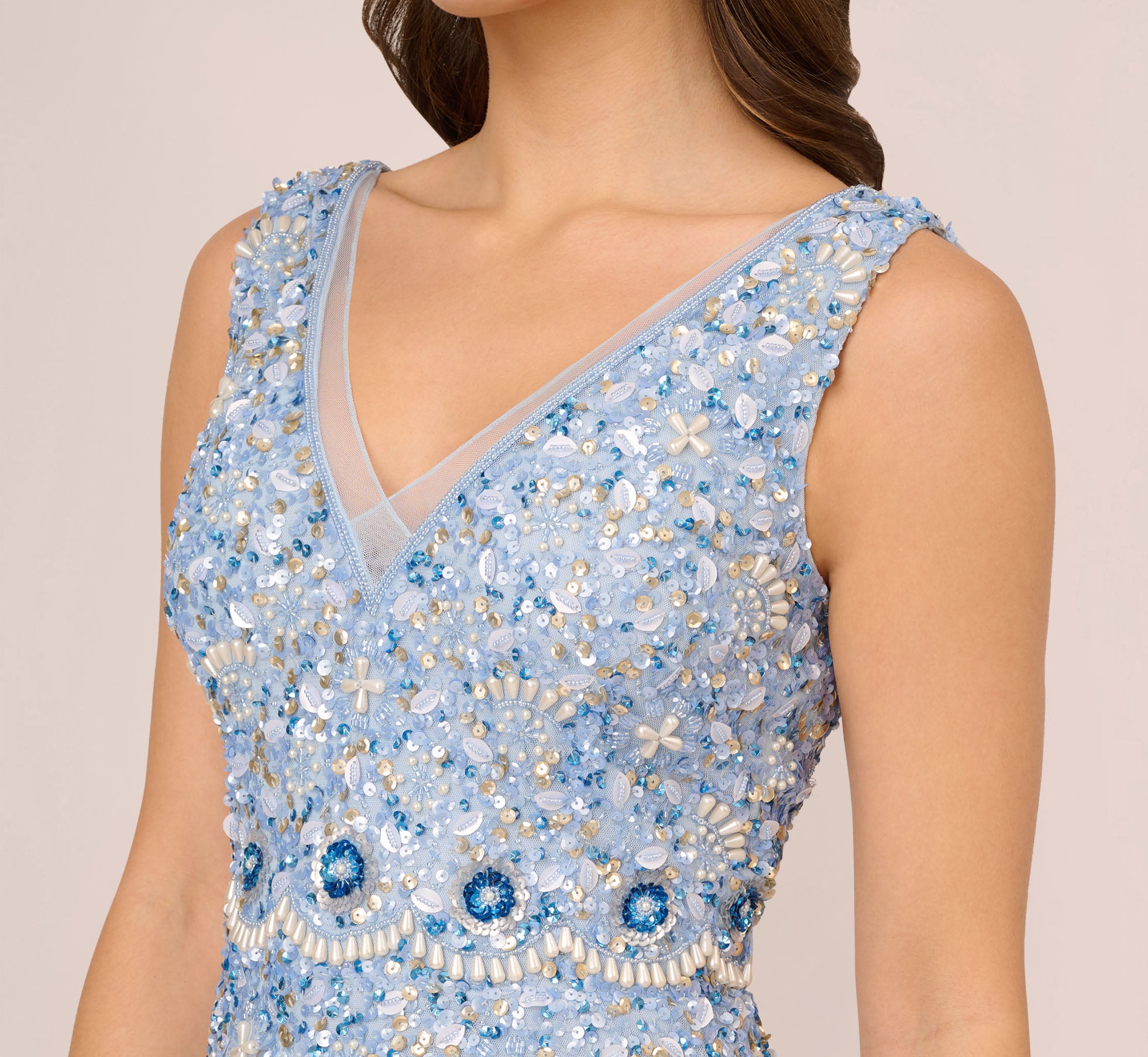 Beaded Sleeveless Ankle Length Gown With V Back In Elegant Sky