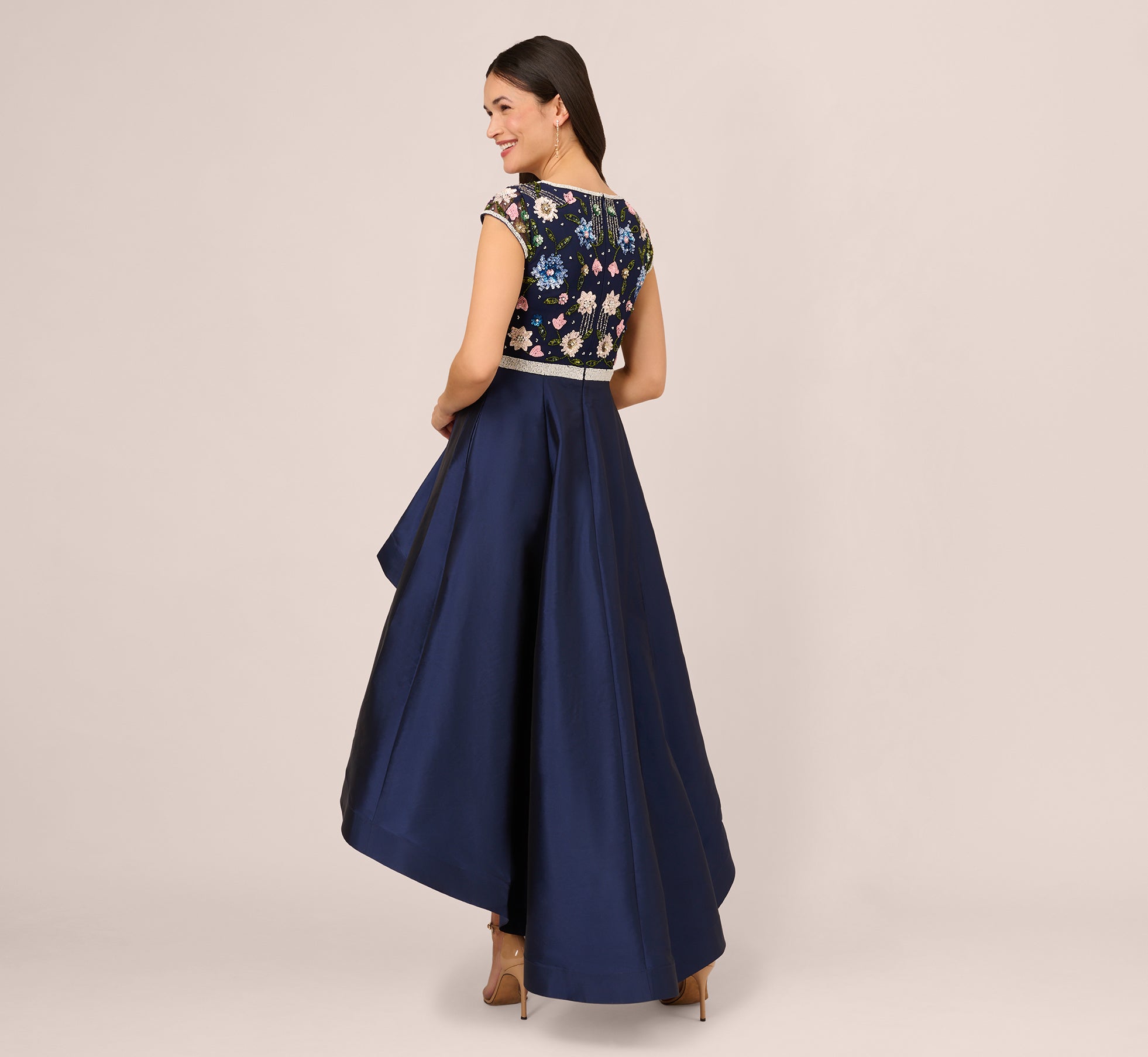 Cap Sleeve Beaded Gown With Taffeta High Low Skirt In Light Navy