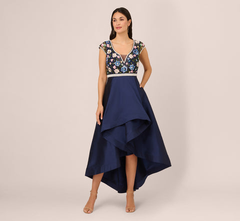 Adrianna Papell Womens Beaded High Low Taffeta Gown Light Navy