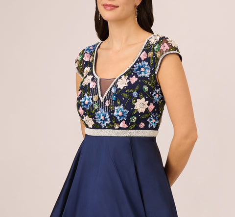 Cap Sleeve Beaded Gown With Taffeta High Low Skirt In Light Navy Adrianna Papell