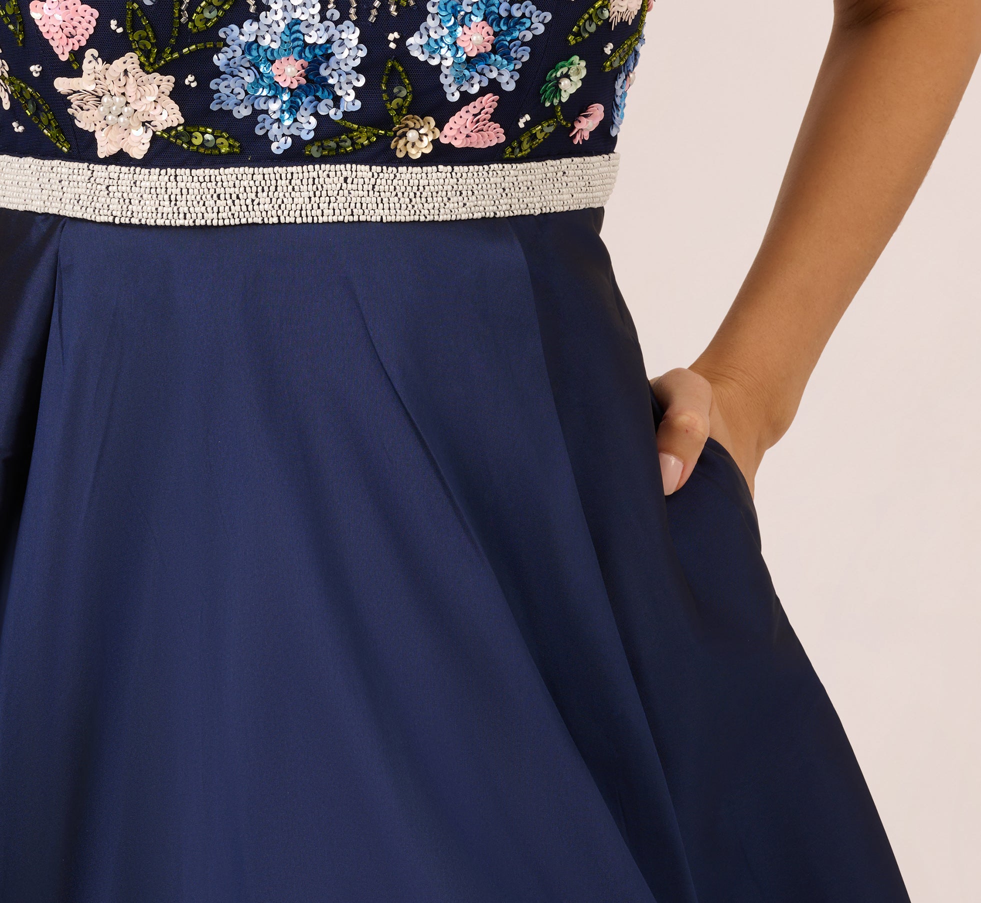 Cap Sleeve Beaded Gown With Taffeta High Low Skirt In Light Navy