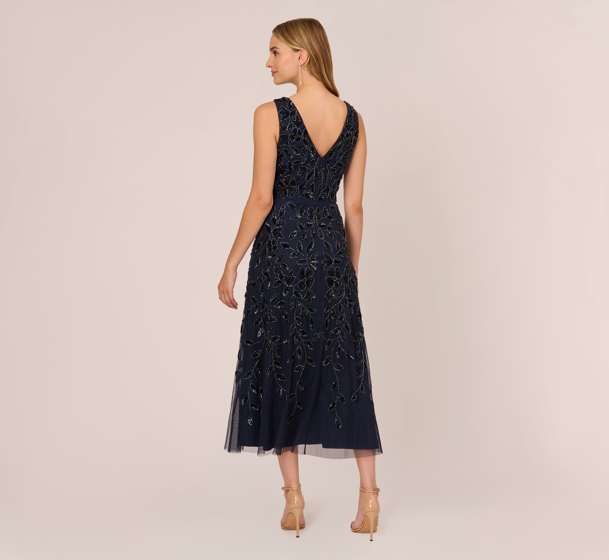 Floral Beaded Ankle Length Sleeveless Gown In Navy Adrianna Papell