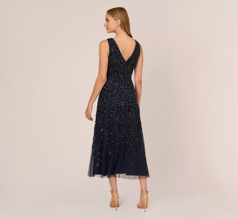 Floral Beaded Ankle Length Sleeveless Gown In Navy