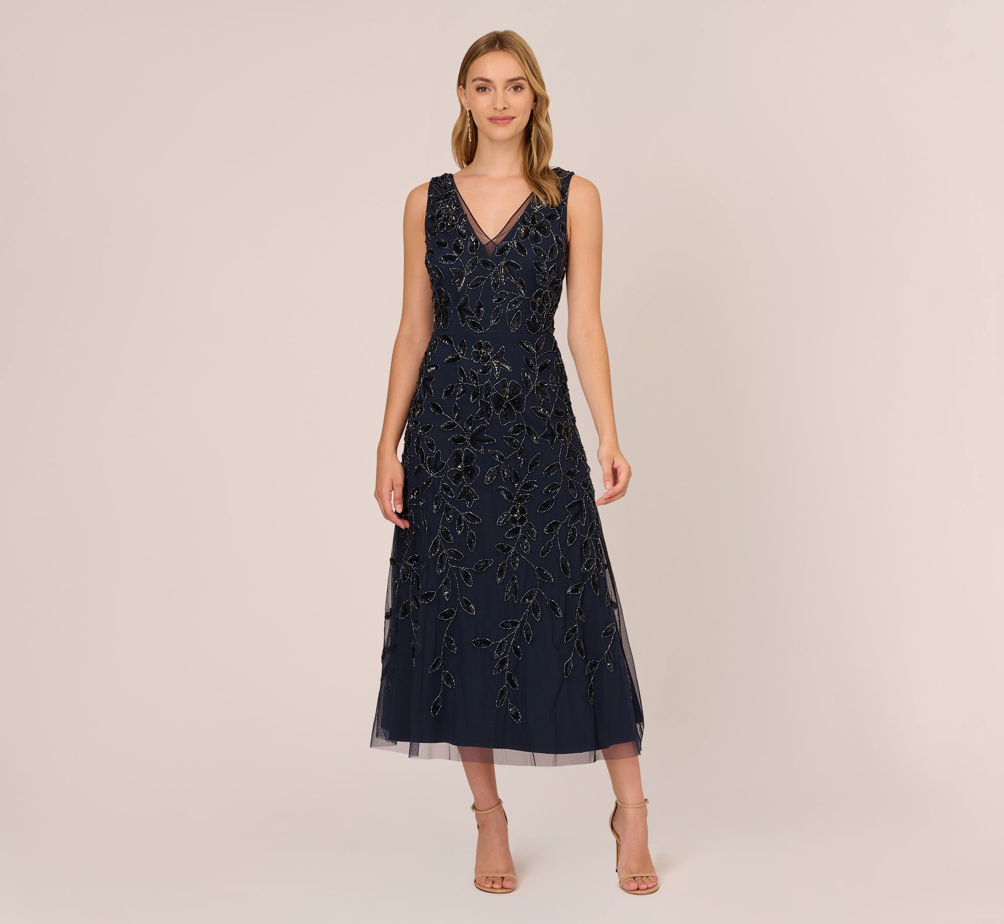 Floral Beaded Ankle Length Sleeveless Gown In Navy