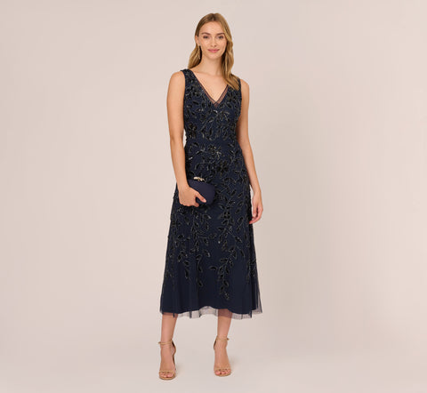 Floral Beaded Ankle Length Sleeveless Gown In Navy Adrianna Papell