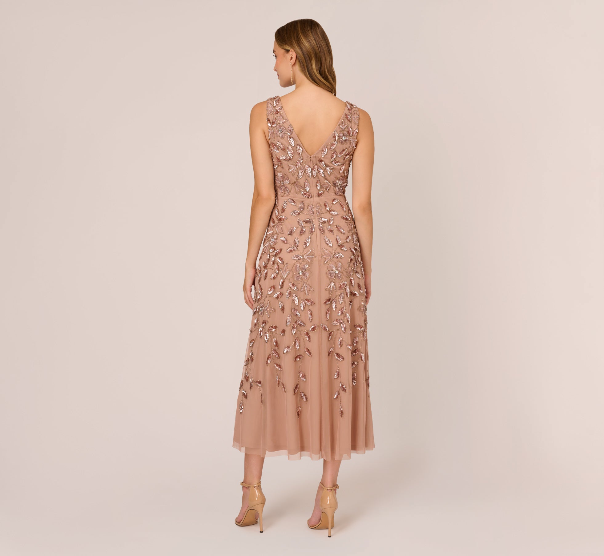 Floral Beaded Ankle Length Sleeveless Gown In Rose Gold Adrianna