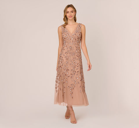 Floral Beaded Ankle Length Sleeveless Gown In Rose Gold