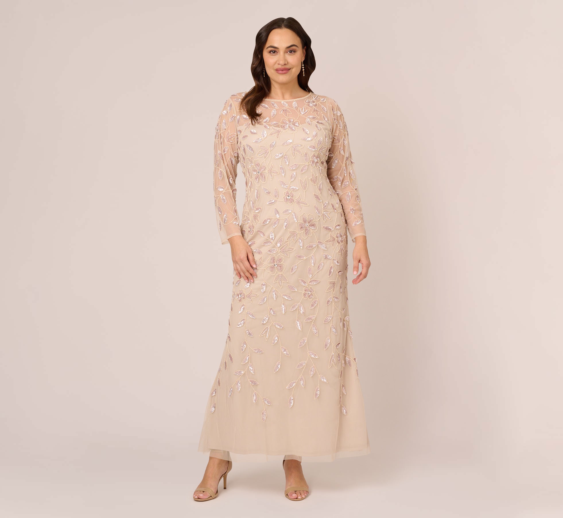 Plus Size Illusion Floral Beaded Gown With Sheer Long Sleeves In Latte 1