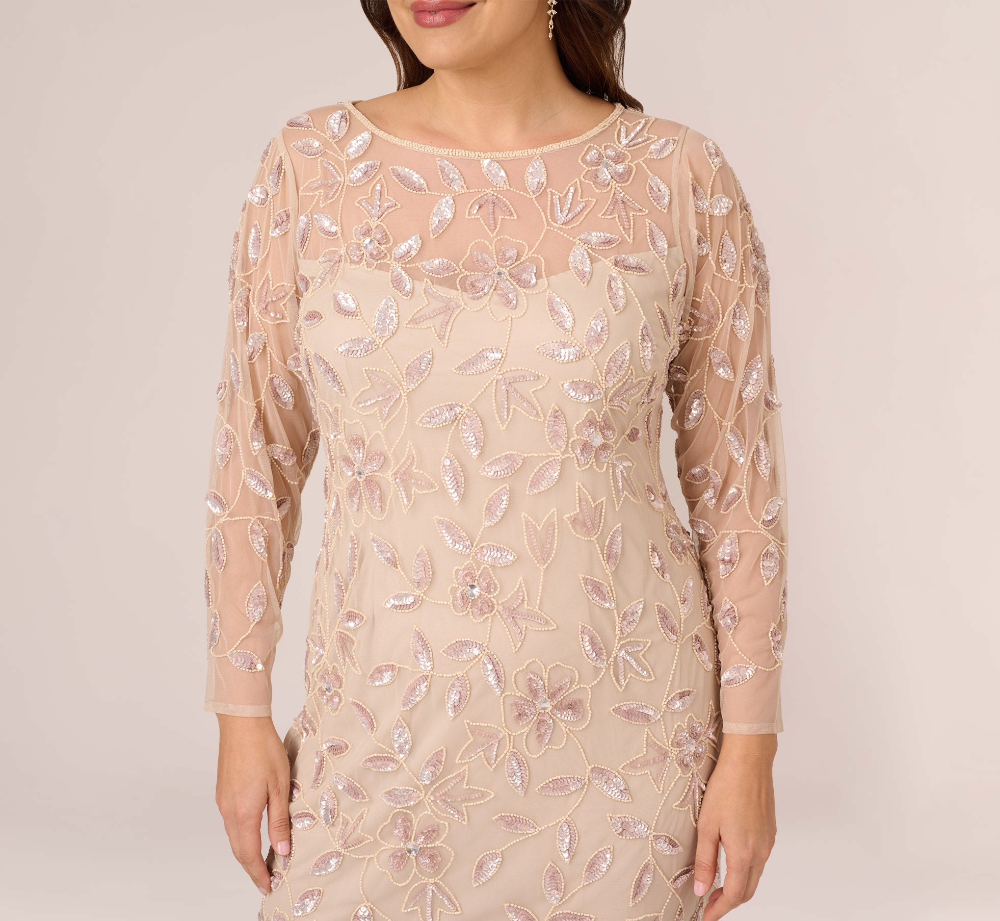 Plus Size Illusion Floral Beaded Gown With Sheer Long Sleeves In