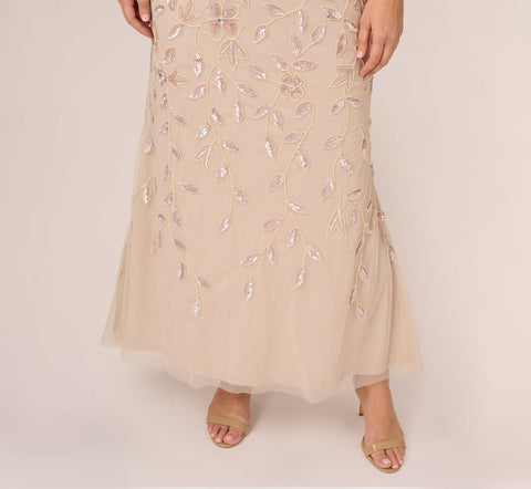 Plus Size Illusion Floral Beaded Gown With Sheer Long Sleeves In Latte