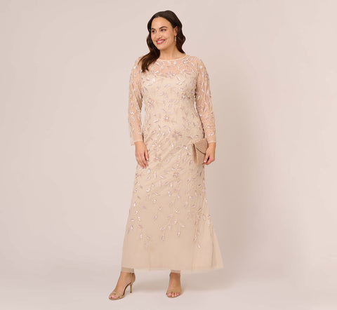 Plus Size Illusion Floral Beaded Gown With Sheer Long Sleeves In Latte