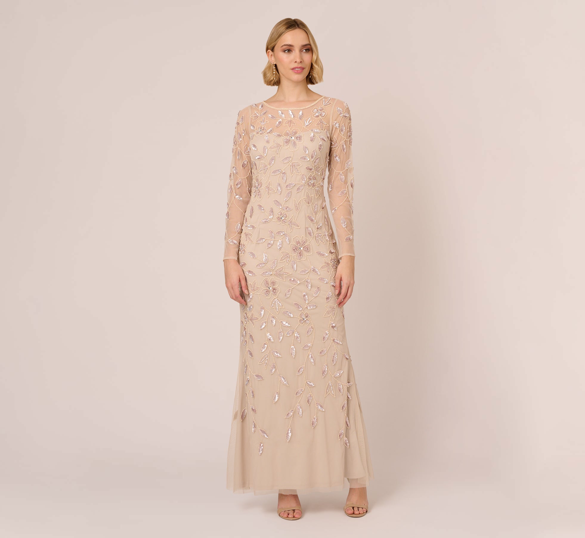 Illusion Floral Beaded Gown With Sheer Long Sleeves In Latte 1