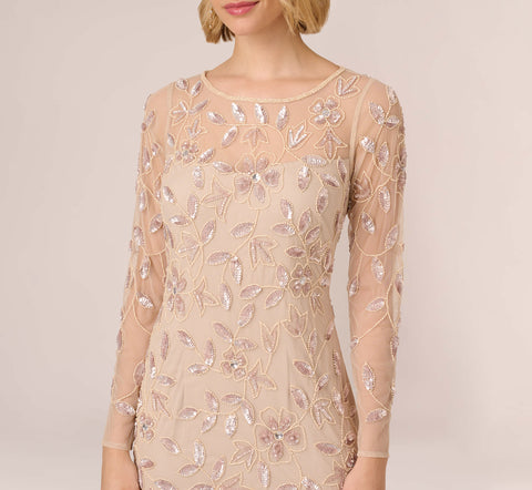 Illusion Floral Beaded Gown With Sheer Long Sleeves In Latte