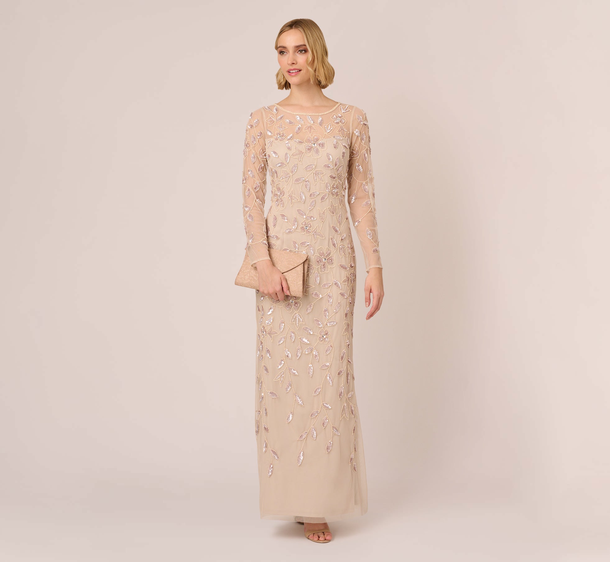 Illusion Floral Beaded Gown With Sheer Long Sleeves In Latte Adrianna Papell