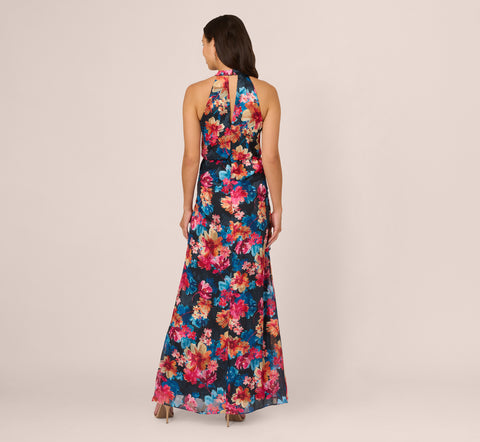 Floral Printed Halter Mermaid Gown With Ruffle Details In Navy Multi