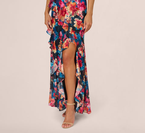 Floral Printed Halter Mermaid Gown With Ruffle Details In Navy Multi