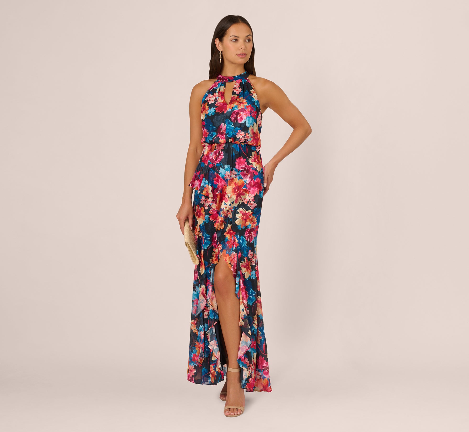 Floral Printed Halter Mermaid Gown With Ruffle Details In Navy Multi 1