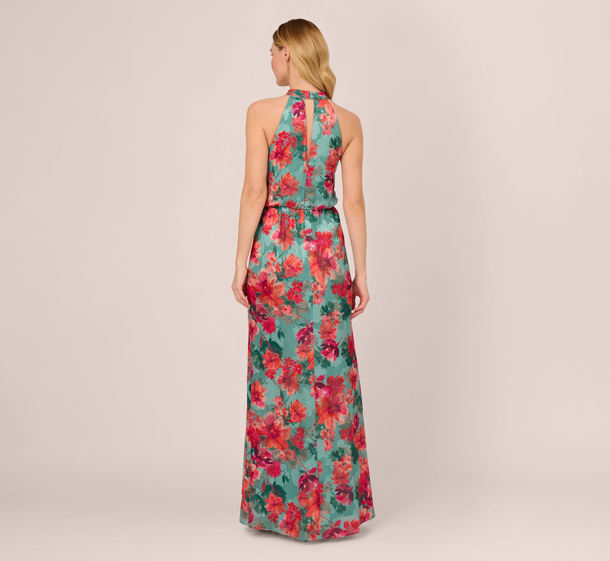 Floral Printed Halter Mermaid Gown With Ruffle Details In
