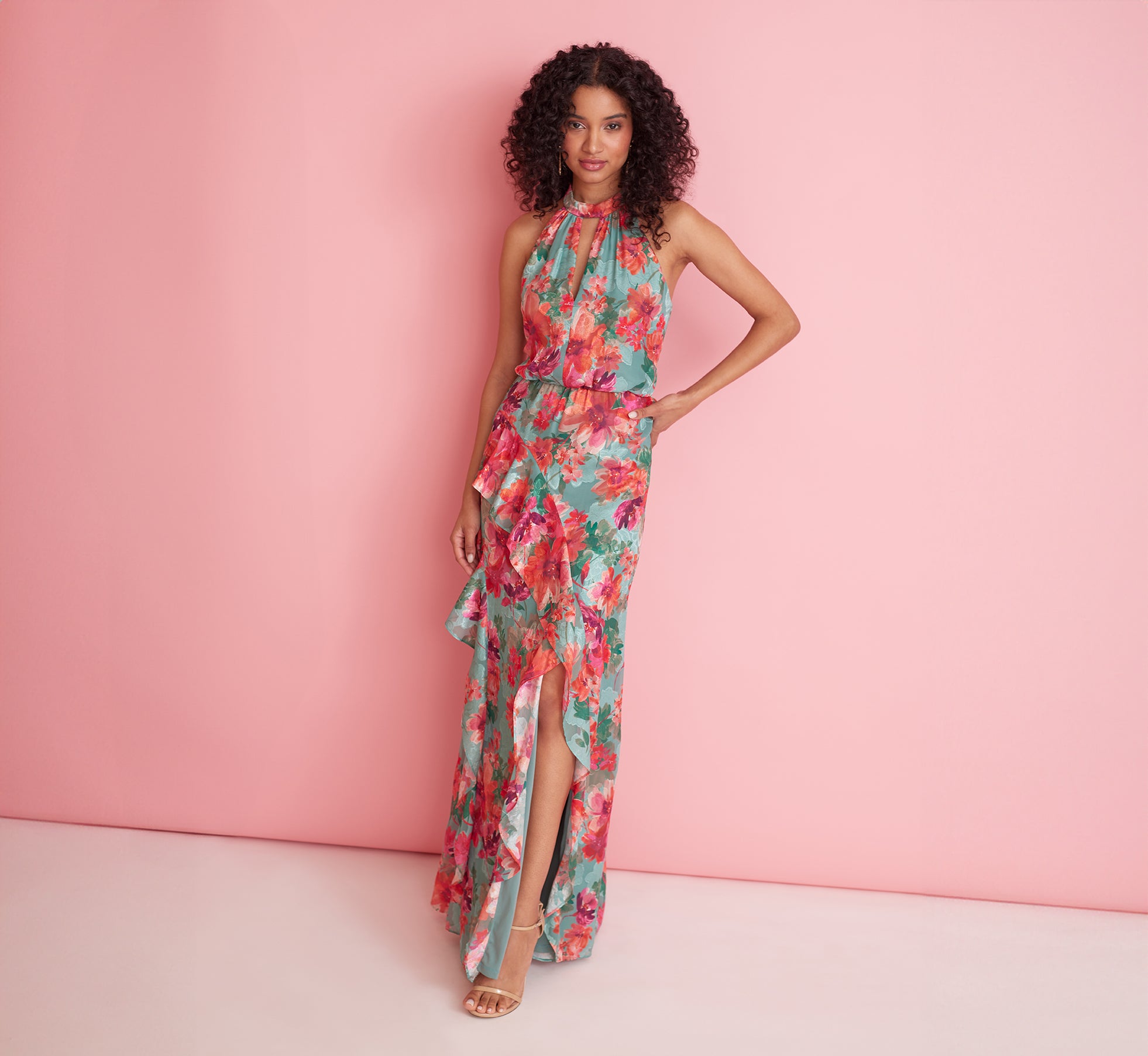 Floral Printed Halter Mermaid Gown With Ruffle Details In