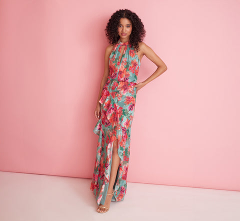 Floral Printed Halter Mermaid Gown With Ruffle Details In Turquoise Multi