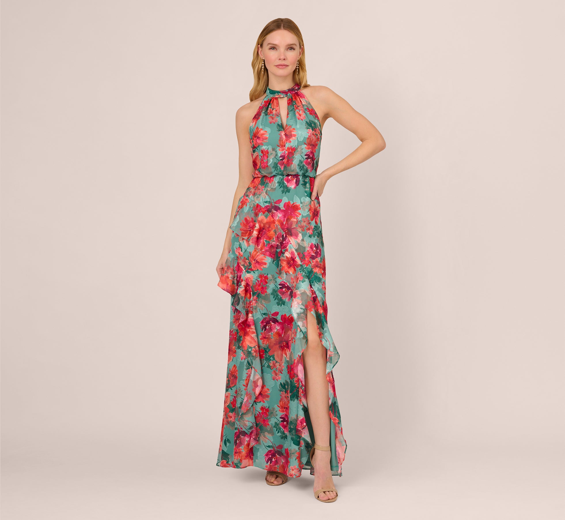 Floral Printed Halter Mermaid Gown With Ruffle Details In Turquoise