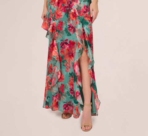 Floral Printed Halter Mermaid Gown With Ruffle Details In Turquoise Multi