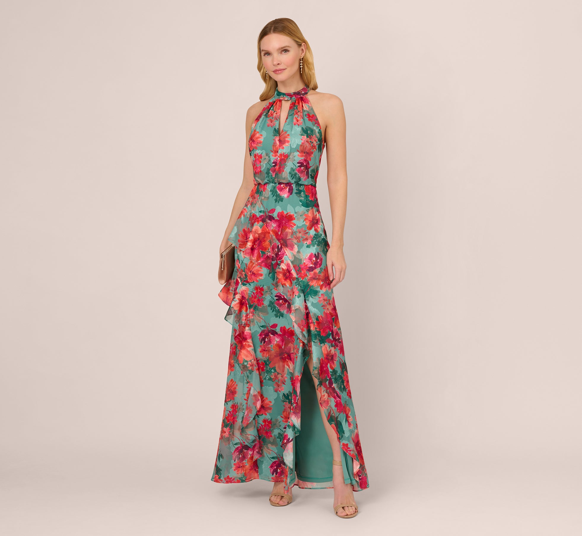 Floral Printed Halter Mermaid Gown With Ruffle Details In