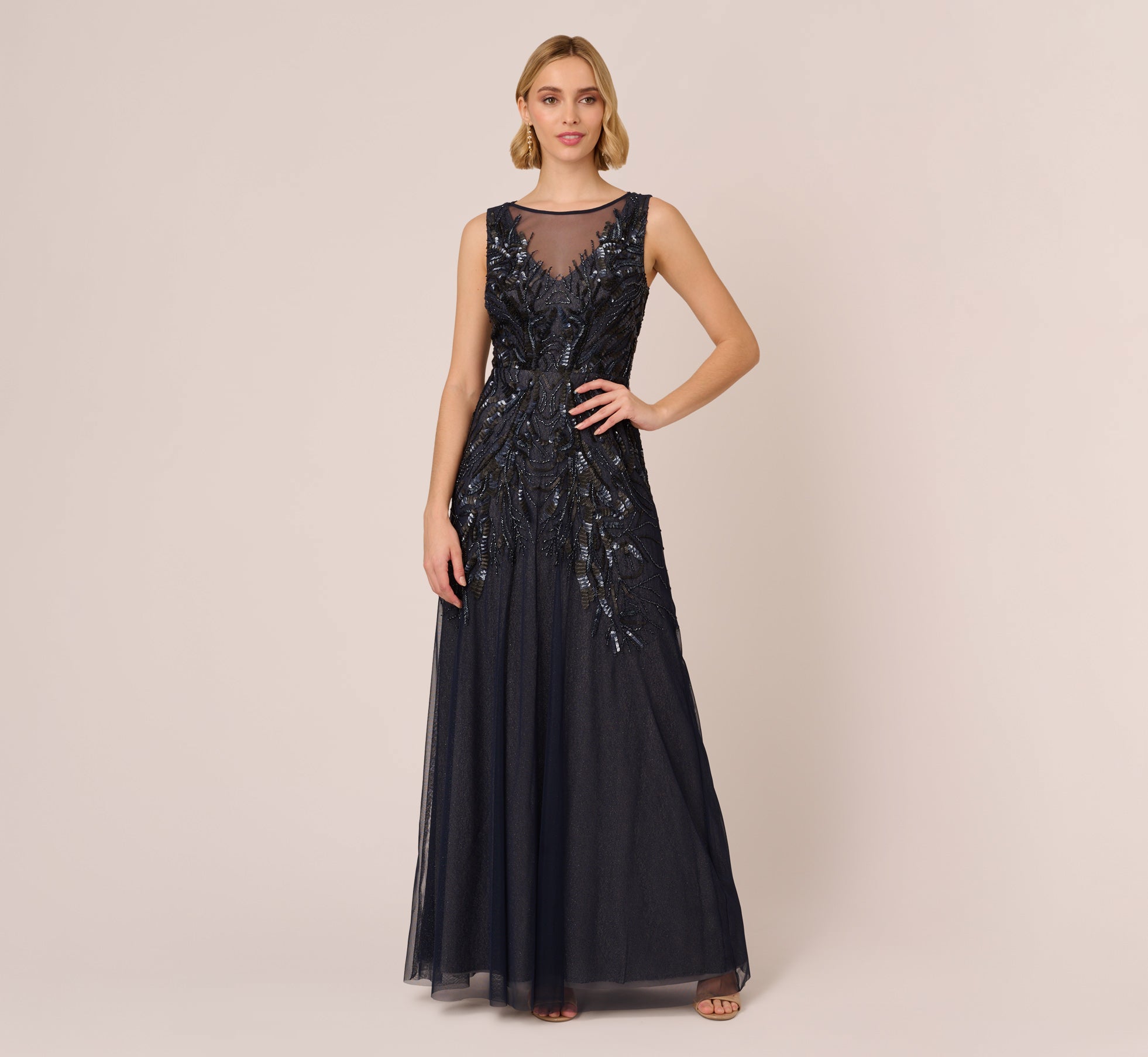 Sleeveless Vine Beaded Gown With Illusion V Neck In Navy Silver