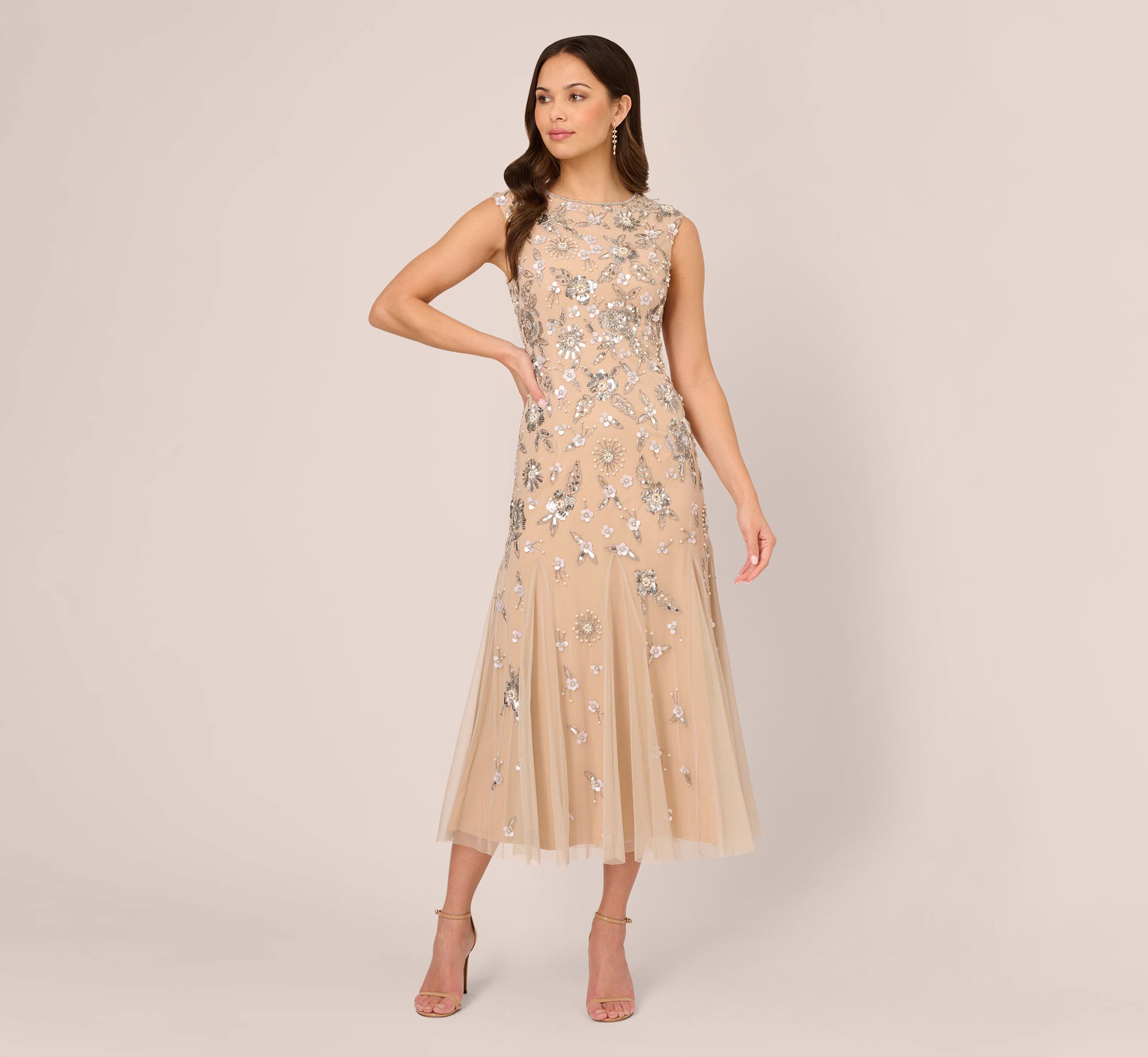 Floral Beaded Ankle Length Gown In Silver Nude Adrianna Papell