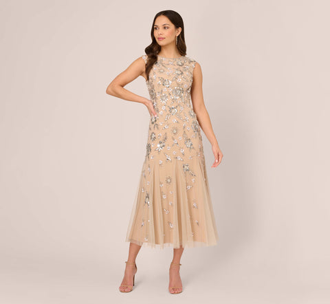 Floral Beaded Ankle Length Gown In Silver Nude – Adrianna Papell