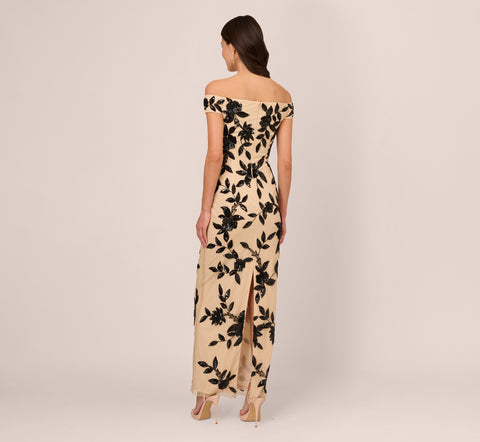 Off The Shoulder Column Gown With Leaf Beading In Black Nude