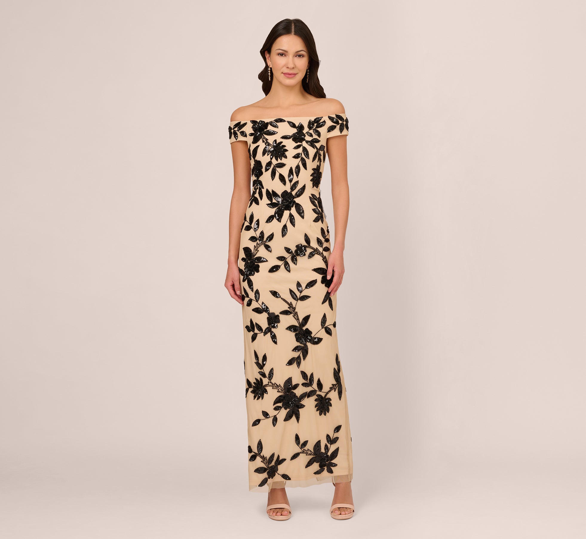 Off The Shoulder Column Gown With Leaf Beading In Black Nude