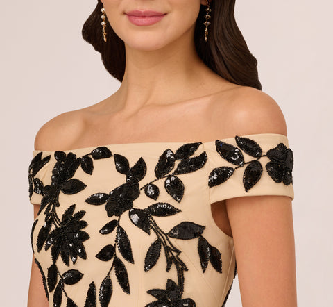 Off The Shoulder Column Gown With Leaf Beading In Black Nude