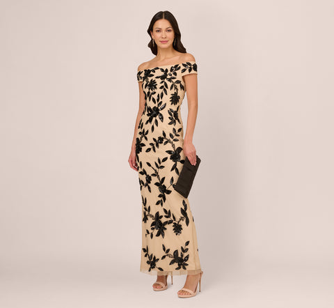 Off The Shoulder Column Gown With Leaf Beading In Black Nude