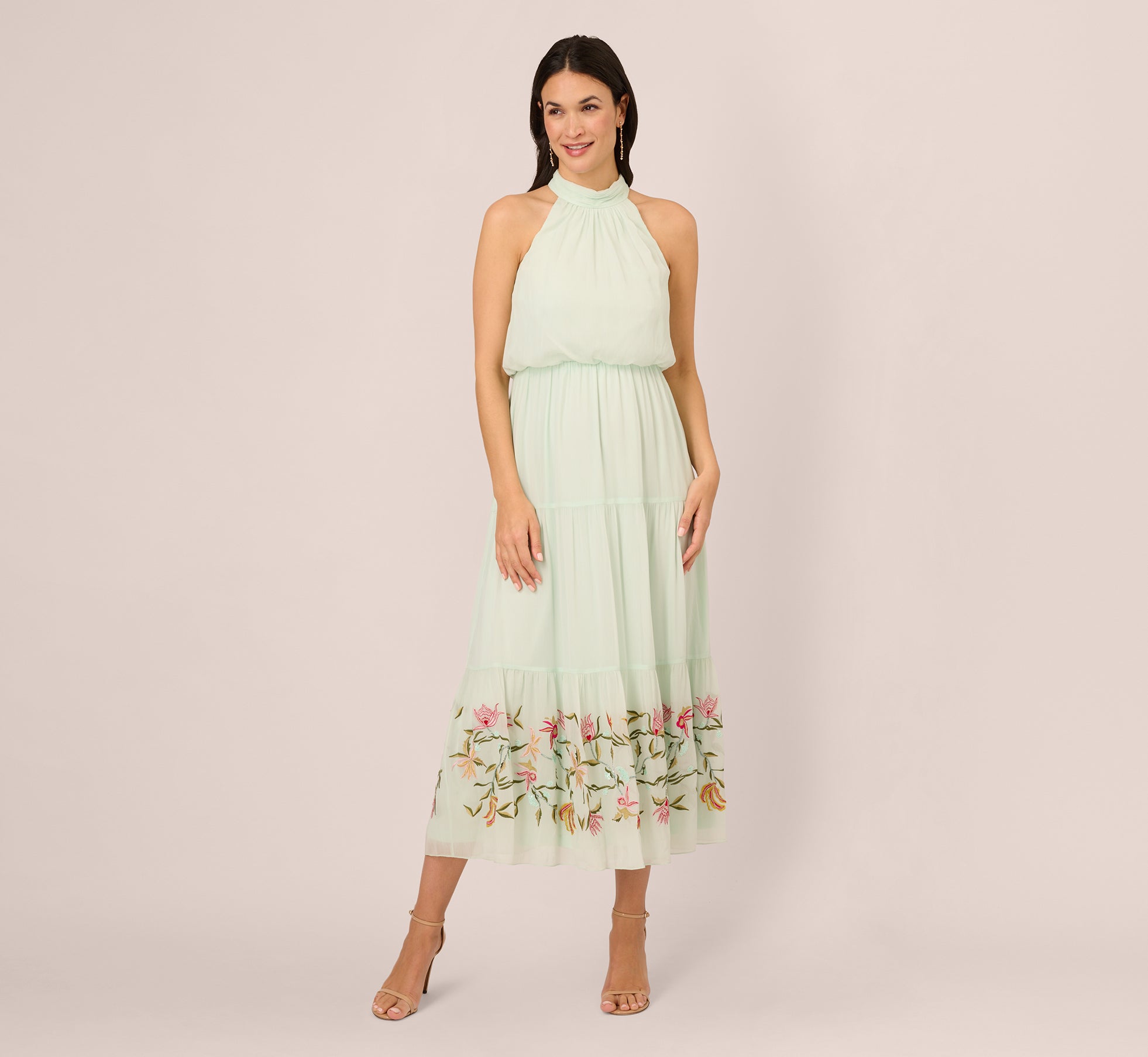 Chiffon Halter Midi Dress With Floral Embroidered Skirt In Mint