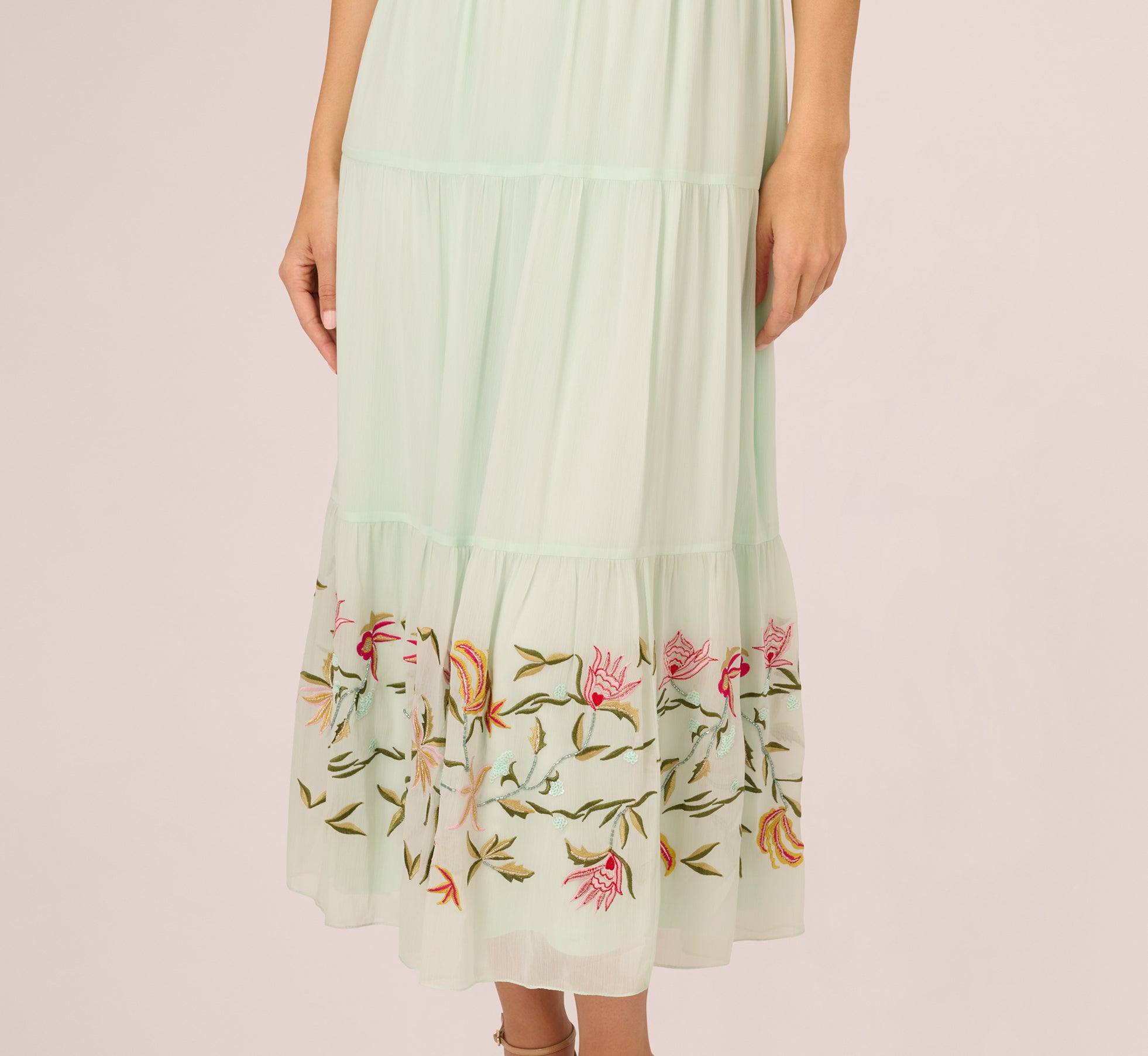 Chiffon Halter Midi Dress With Floral Embroidered Skirt In Mint