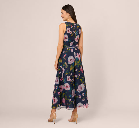 Sleeveless Floral Organza Jumpsuit With Cropped Wide Legs In Navy Multi